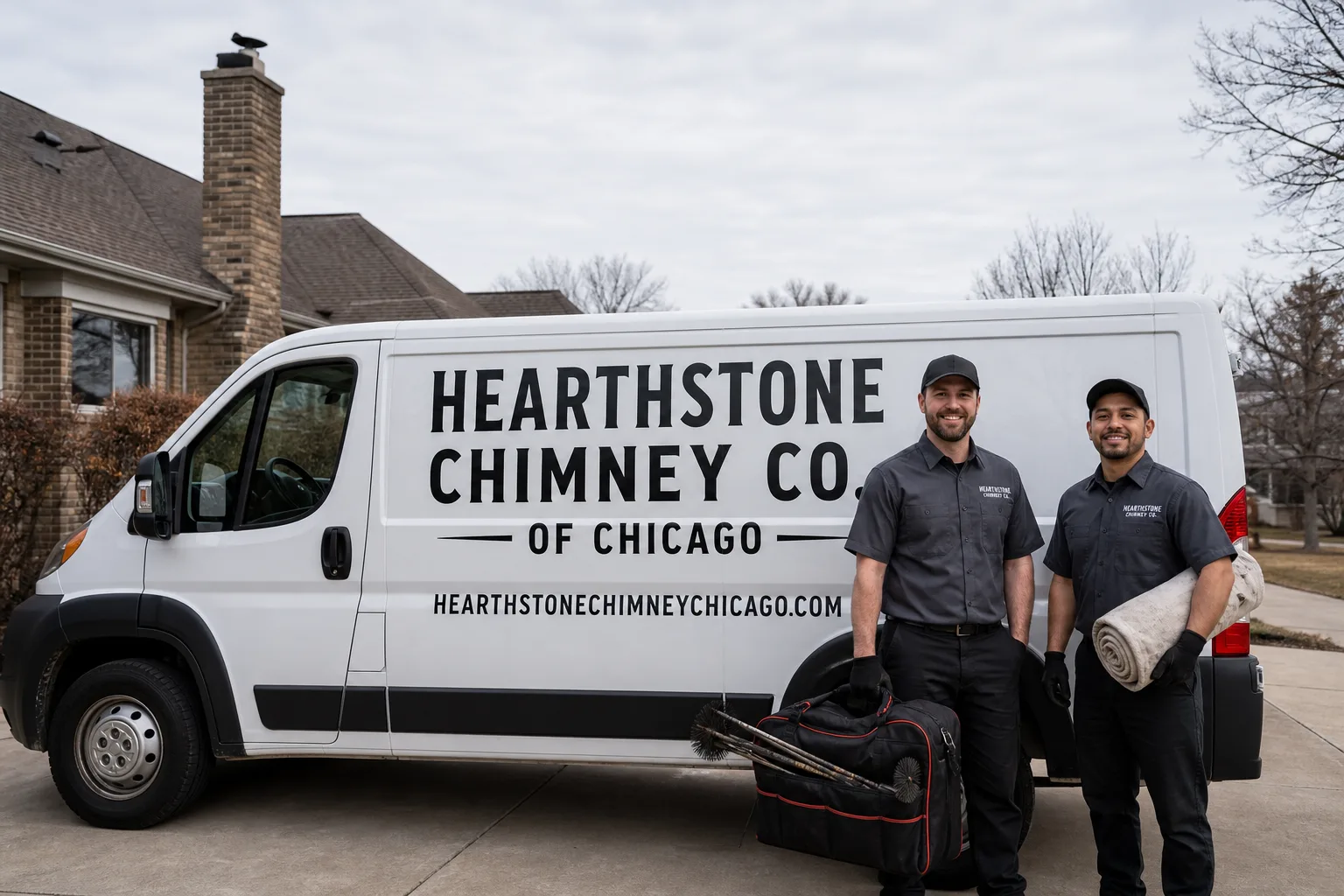 Hearthstone Chimney Co. of Chicago chimney cleaning service vehicle and crew in Chicago, IL
